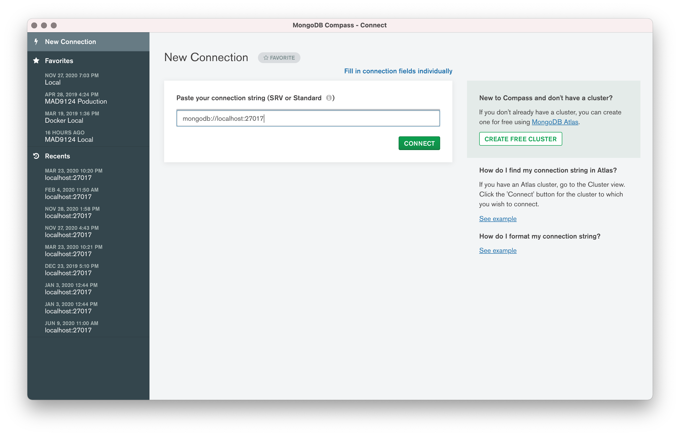 screenshot of the new connection window