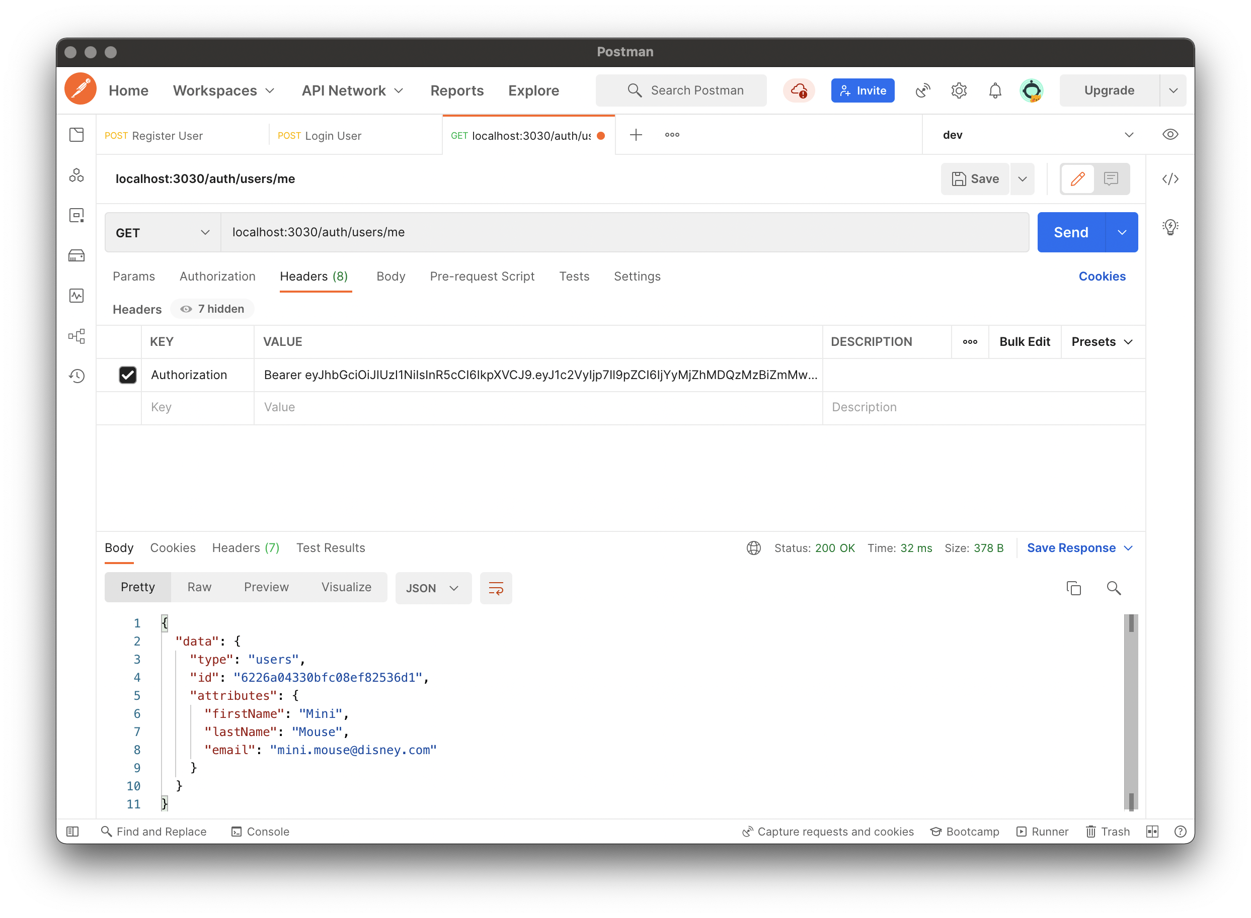 screenshot of Postman setting bearer token