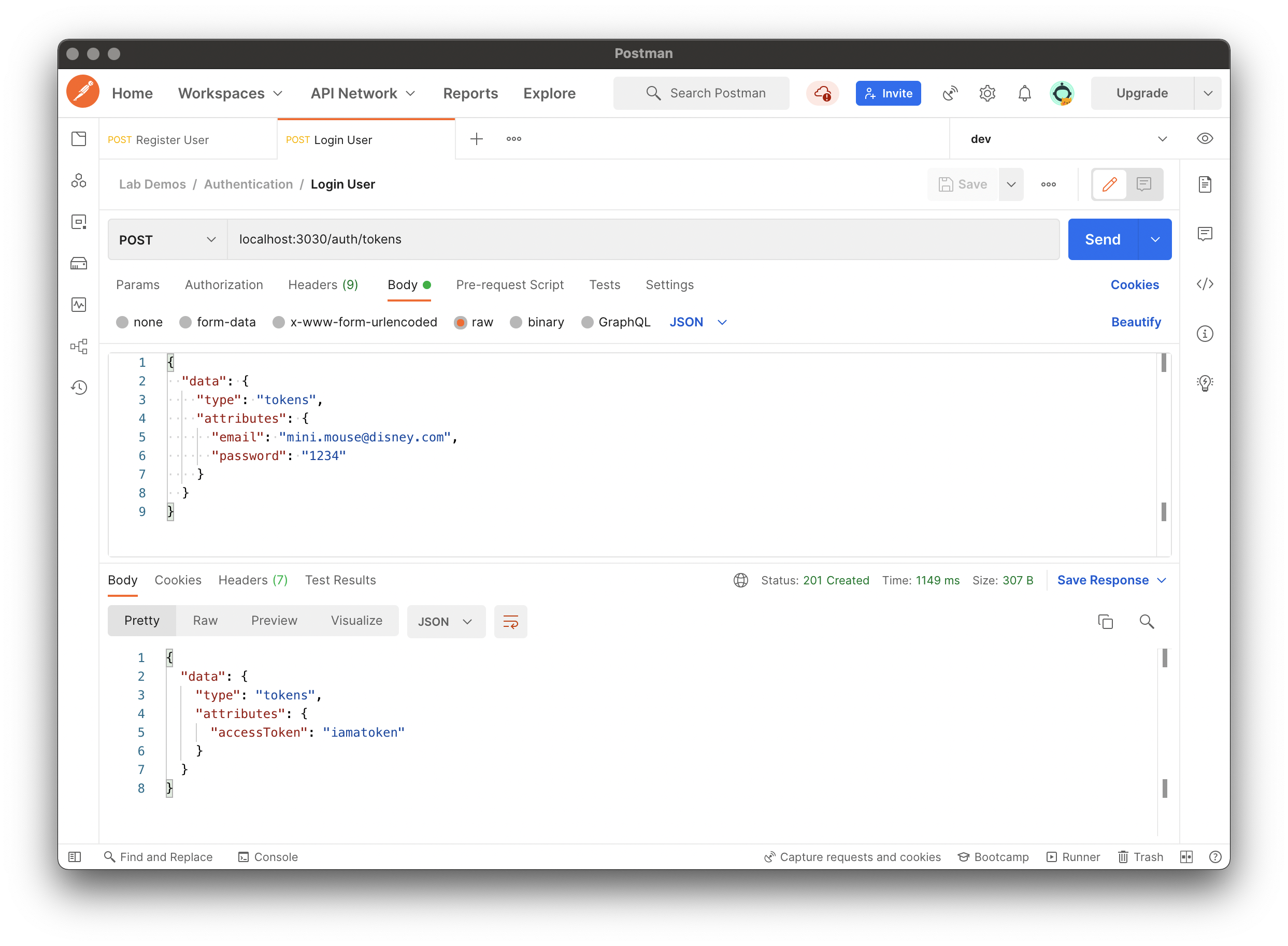screenshot of successful login with Postman