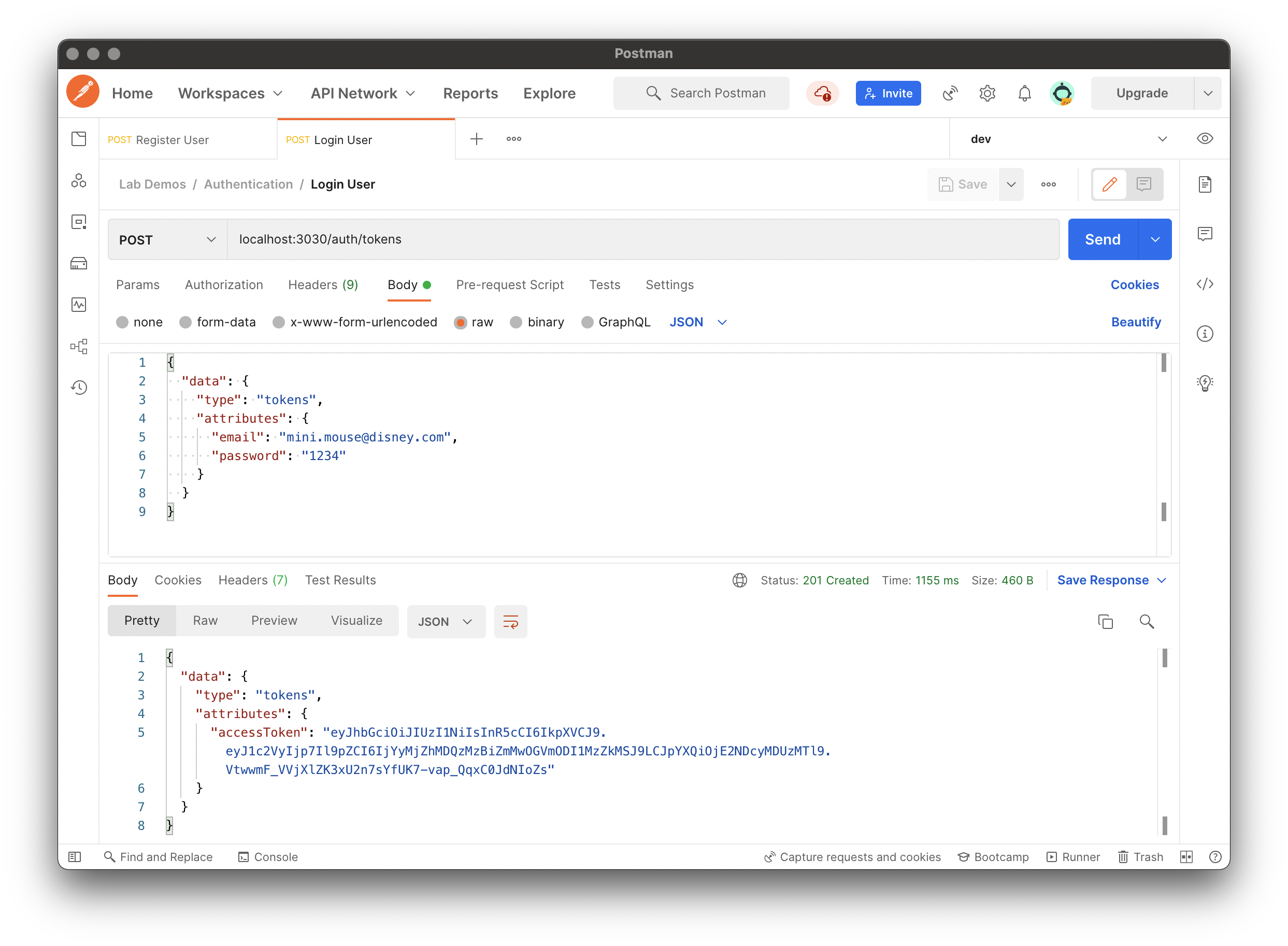 screenshot of Postman with a real JWT response